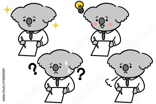 書類を記入するかわいいコアラのキャラクターセット