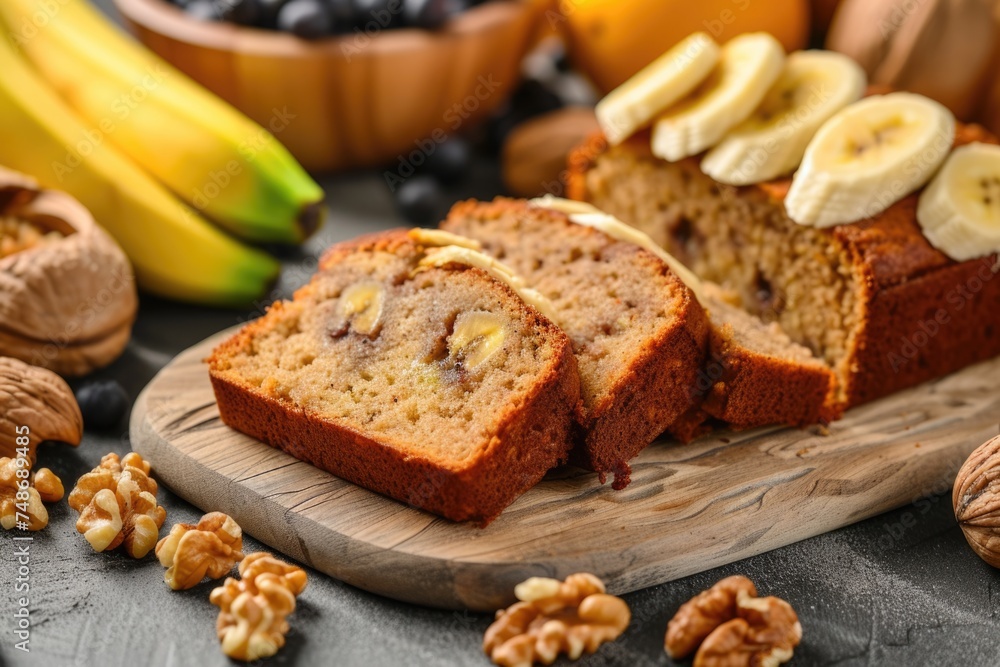 Delicious banana bread slices on a wooden cutting board