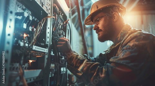 experienced technician works on switchboard with electrical connecting cable, providing reliable maintenance and repair service