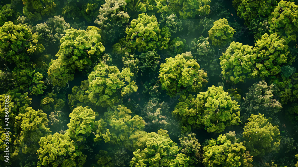 an aerial view of a forest with lots of trees - obrazy, fototapety, plakaty 