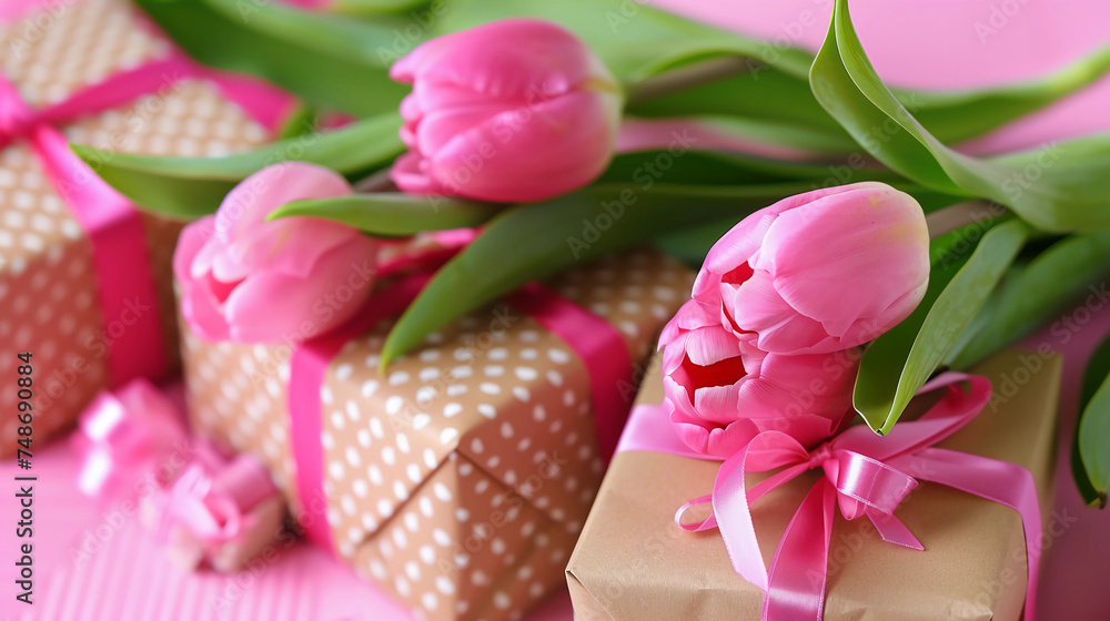 pink tulips and wrapped presents on a pink background. pink tulips and wrapped presents on a pink background.