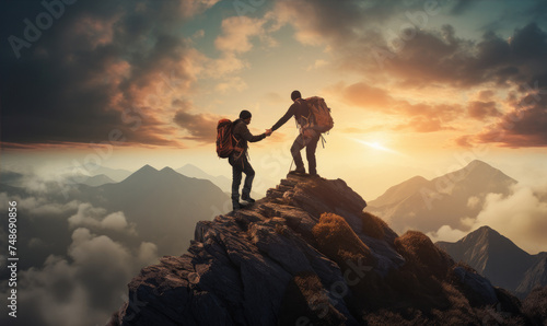 Two fiernds - hikers on the mountain top. Help each other to reach the mountain top photo