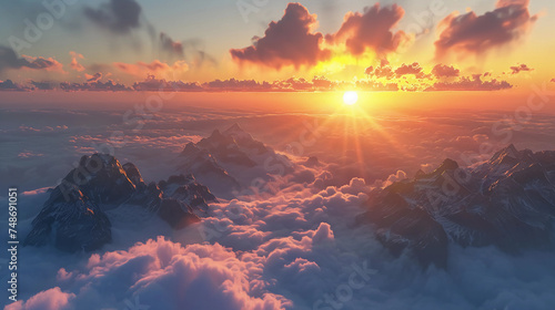 the sun is setting over the clouds in the mountains