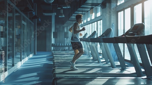 invigorating treadmill workout featuring young man in sportswear running at gym for fitness and wellness