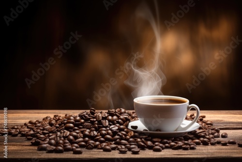 steaming cup and beans on the old wooden surface