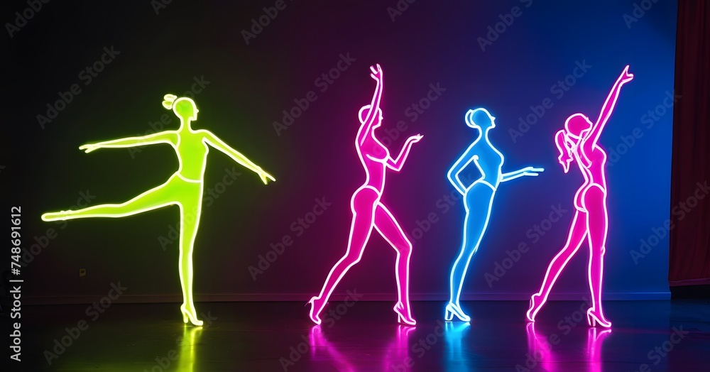 Dynamic neon figures strike an artistic pose, their silhouettes illuminated with gradient colors, against a dark backdrop, symbolizing the energy of dance and light play. AI generation Dynamic neon figures strike an artistic pose, their silhouettes illuminated with gradient colors, against a dark backdrop, symbolizing the energy of dance and light play. AI generation