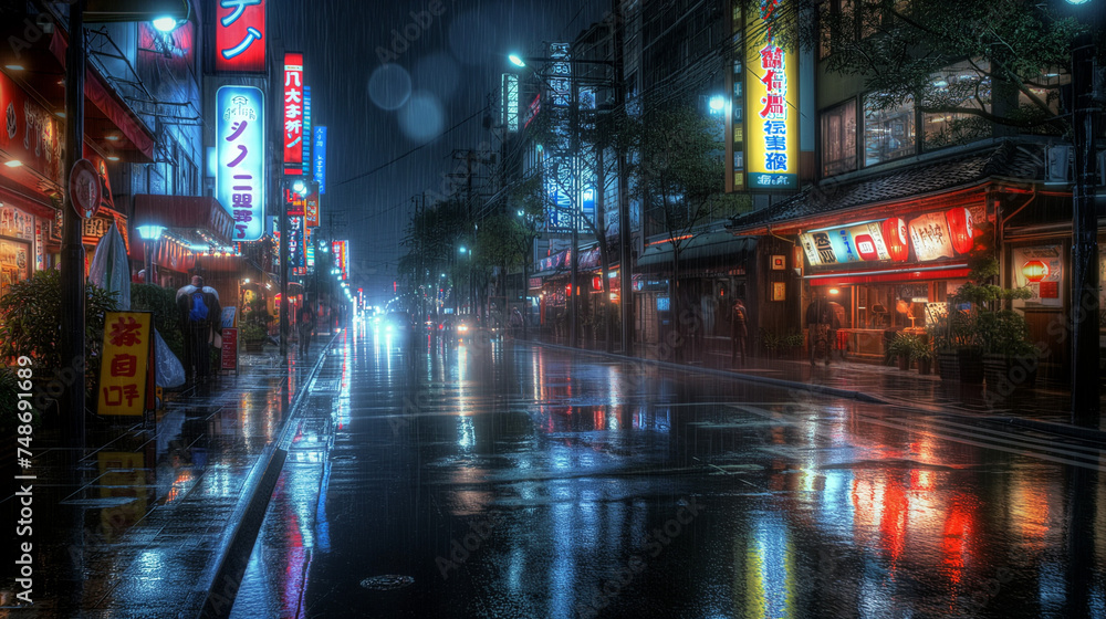 Japanese city street background with colorful light