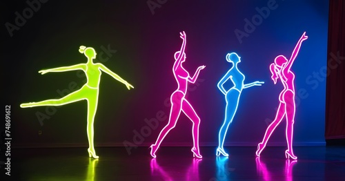 Dynamic neon figures strike an artistic pose  their silhouettes illuminated with gradient colors  against a dark backdrop  symbolizing the energy of dance and light play. AI generation