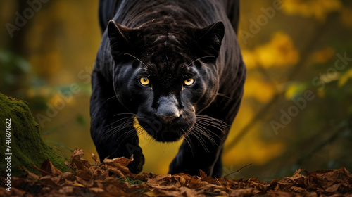 Black panther prowling in autumn fliage. Majestic black panther stalks forward among fallen autumn leaves, its intense gaze captured in a vibrant forest setting. photo