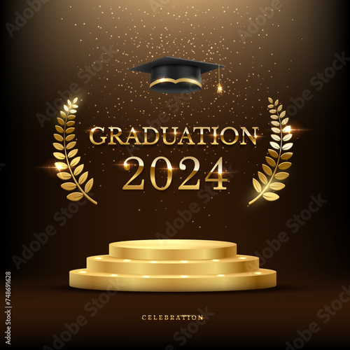 2024 graduation ceremony square banner. Award concept with academic hat, golden podium and laurel wreath under shining glitter on dark background