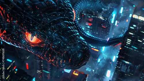 Cybernetic dragon roaming a futuristic city. Cybernetic dragon flying among towering skyscrapers at night, illuminating a high-tech metropolis.