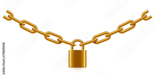 Padlock and chain vector illustration. Steel gold lock with link isolated on white background. Secure privacy and business information. Personal data protection. Safety golden concept