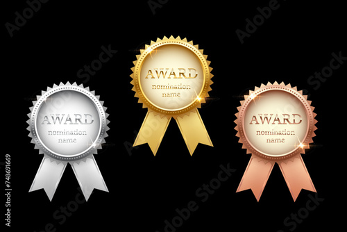 Medals for first, second, third place with ribbons and text Award Nomination name. Gold, silver and bronze ranks on black background. Championship in sport or movie vector illustration