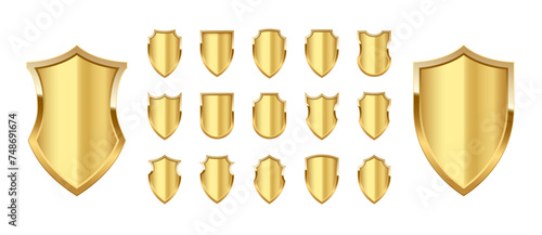 Gold metal shields with reflection in shiny frames set. Military emblem isolated on white background. Vector illustration of medieval ammunition, war trophy, heraldic symbol for badge, icon, logo