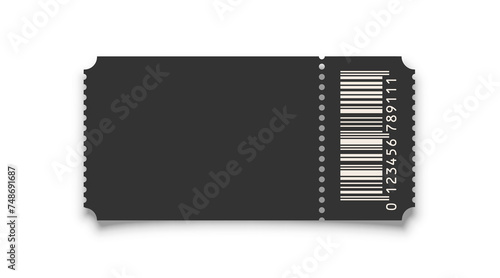 Cinema ticket realistic vector template. Retro black paper coupon for event, discount voucher mockup with barcode and text space on white background. Concert, movie, raffle, carnival blank pass