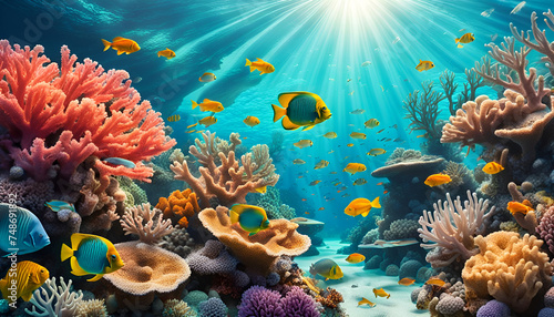 Korallen bunt Riff Korallenriff mit Fischen in t  rkis blauen Wasser in Meer und Ozean  wie Karibik mit Sonne Lichtstrahlen hell und lebendig voller Leben Aquarium Mehresbewohner Urlaub tauchen Hai