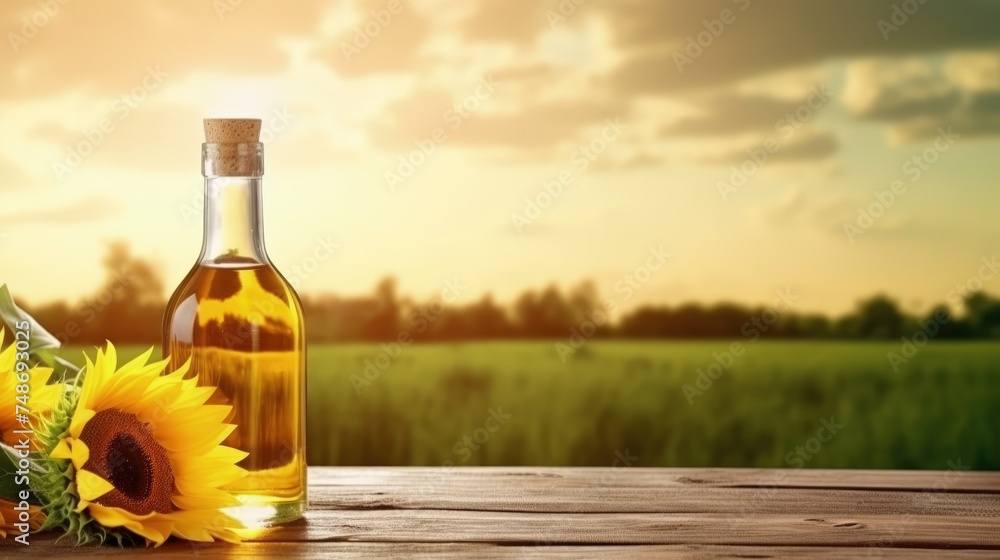 A bottle of sunflower oil sits on a wooden table, surrounded by a backdrop of sunflowers. A bottle of sunflower oil sits on a wooden table, surrounded by a backdrop of sunflowers.
