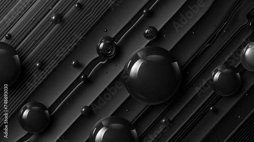 Glossy black spheres of various sizes on a dark striped texture, creating a modern abstract concept.