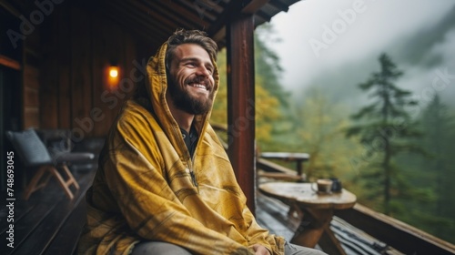 A Man in a yellow raincoat sits on the veranda of a wooden house on a rainy day against the background of a forest in the mountains. Horizontal Banner  Nature  Travel  Lifestyle  Summer  Copy Space.