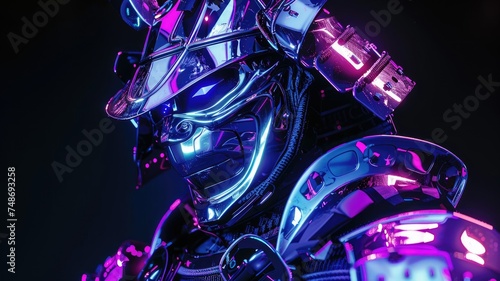 Futuristic robotic figure in neon lights - A detailed image of a futuristic robotic figure with intricate design lit by vibrant neon lights