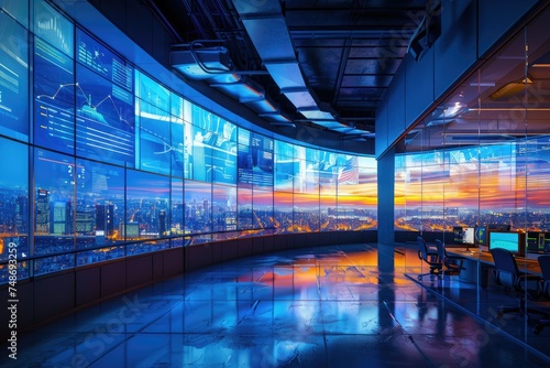 Futuristic office with holographic cityscape view - A modern workspace with an impressive holographic display of a cityscape