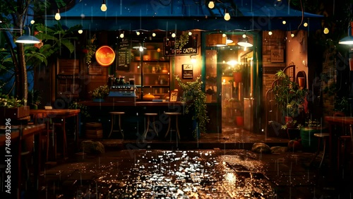 Lofi rainy restaurant at night. seamless looping 4k time-lapse animation video background photo