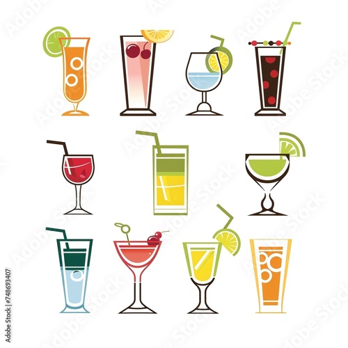 vector illustration of colorful different cocktails on a white background, generative AI. © Aga Bak
