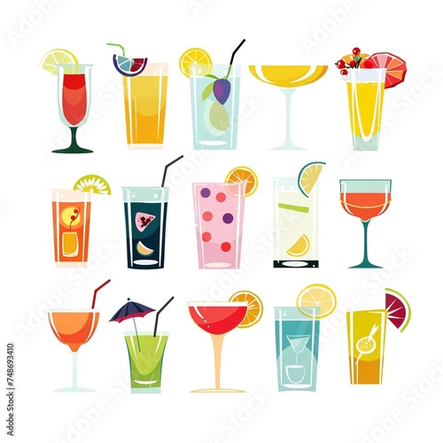 vector illustration of colorful different cocktails on a white background, generative AI. © Aga Bak