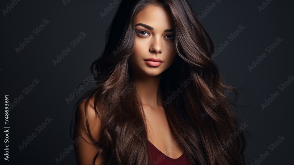 Beautiful model with shiny, smooth brown hair and glowing skin for hair and skincare products Beautiful model with shiny, smooth brown hair and glowing skin for hair and skincare products