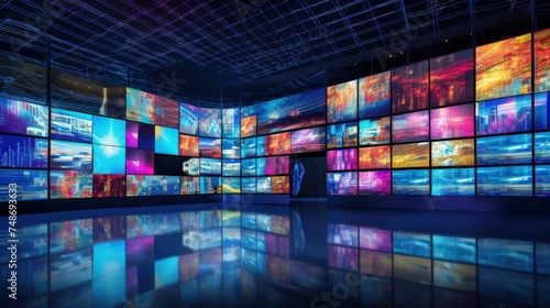 Multimedia video wall in dynamic display of various content. The news studio. 