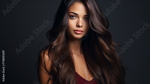 Beautiful model with shiny, smooth brown hair and glowing skin for hair and skincare products