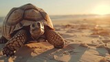 captivating outdoor scene featuring a tortoise exploring the sandy beach with its slow, deliberate movements