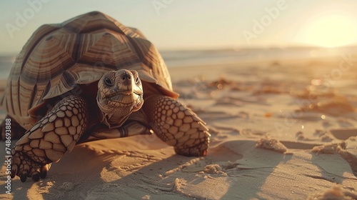 captivating outdoor scene featuring a tortoise exploring the sandy beach with its slow, deliberate movements photo
