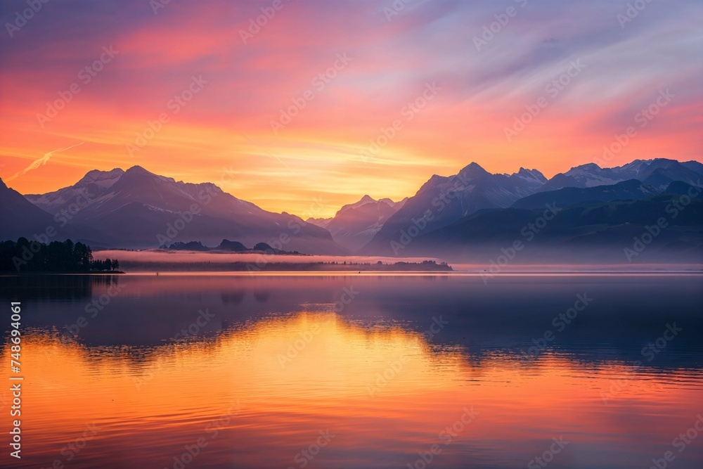Sunrise over a tranquil lake with mountain reflections, mist, and vibrant sky hues