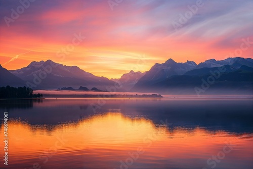 Sunrise over a tranquil lake with mountain reflections, mist, and vibrant sky hues