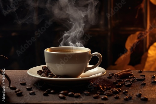 steaming cup and beans on the old wooden surface