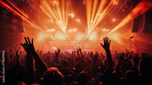 A lively concert scene with an excited audience, vibrant lights, and flying confetti