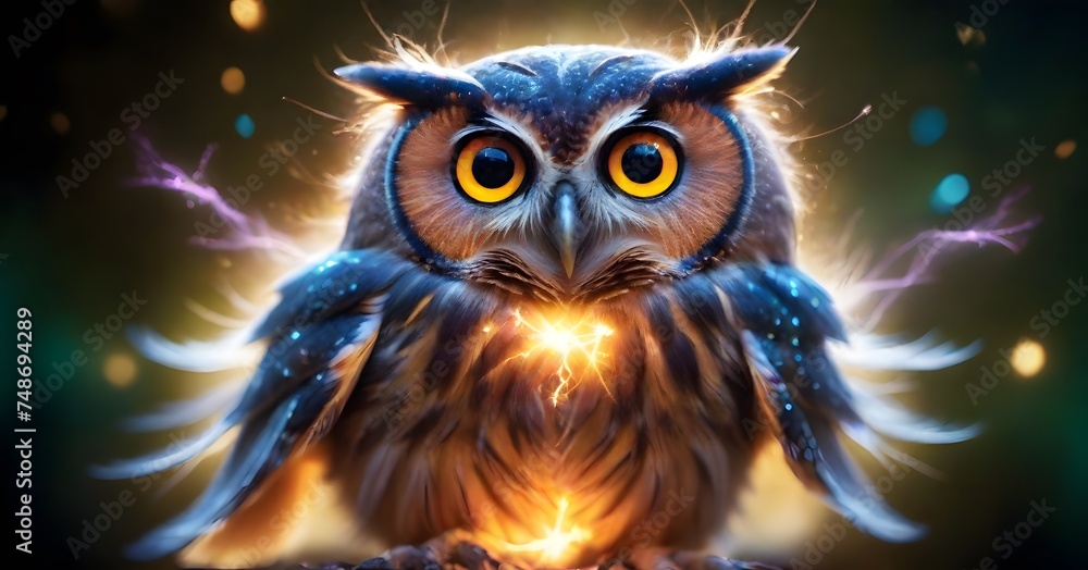 In this enchanting scene, an owl's feathers twinkle with a magical light, as it sits beneath a canopy of starry specks, exuding a sense of wonder and mystery. AI generation In this enchanting scene, an owl's feathers twinkle with a magical light, as it sits beneath a canopy of starry specks, exuding a sense of wonder and mystery. AI generation