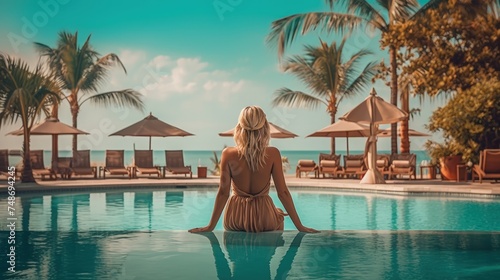 A woman is relaxing and enjoying herself in the pool