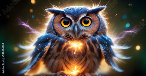 In this enchanting scene, an owl's feathers twinkle with a magical light, as it sits beneath a canopy of starry specks, exuding a sense of wonder and mystery. AI generation