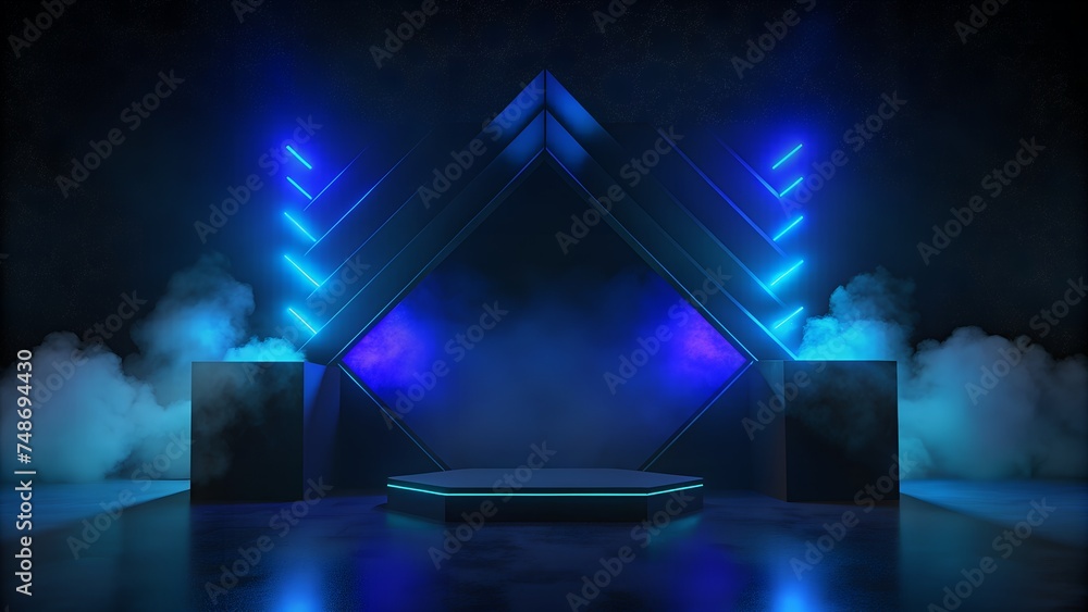 empty futuristic stage with blue neon lights. sci fi stage for scene, concert, concert hall stage with spotlights in the night scene.