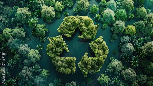 Recycling symbol made of lush forest on dark water background.