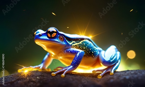 A blue frog with vibrant, glowing skin sits poised, surrounded by a dramatic display of electric sparks, creating a surreal and magical atmosphere. AI generation