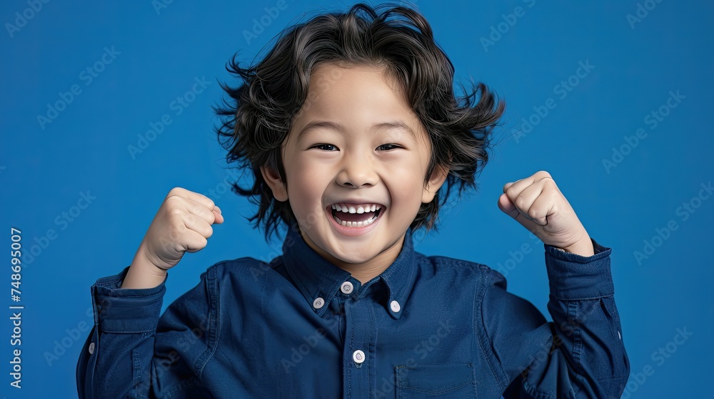 Joyful boy in blue shirt with raised fists. Joyful boy in blue shirt with raised fists.