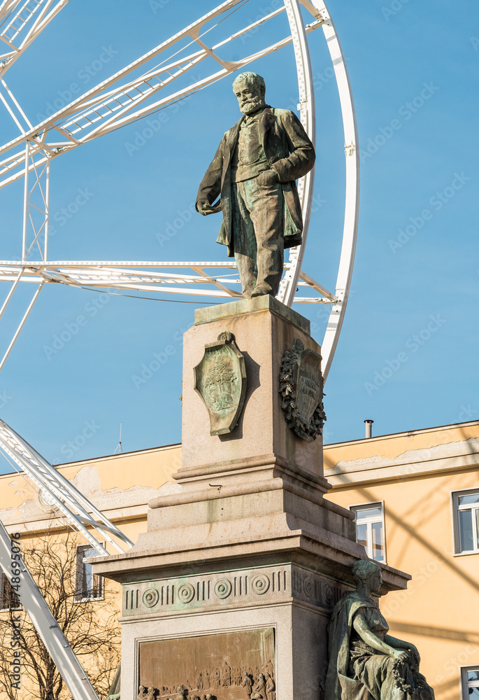 Monument to Quintino Sella, in front of the social theater Villani, in center of Biella, Piedmont, Italy