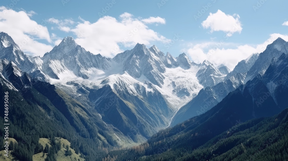 A panoramic view of snow-capped mountains.