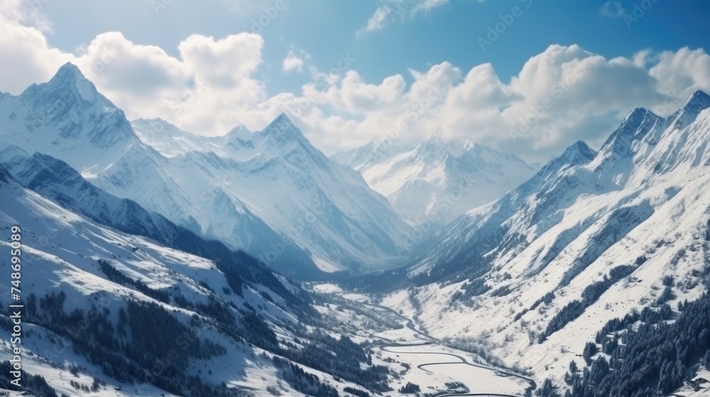 A panoramic view of snow-capped mountains.