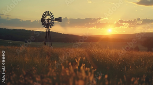 Sunset casts a warm glow over an old windmill standing gracefully in the field, a timeless symbol of rural tranquility