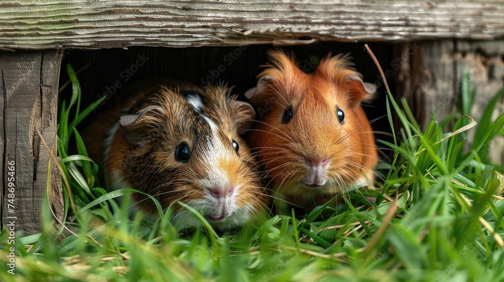 Two guinea pigs peeking out from a wooden hideout in the grass. Two guinea pigs peeking out from a wooden hideout in the grass.
