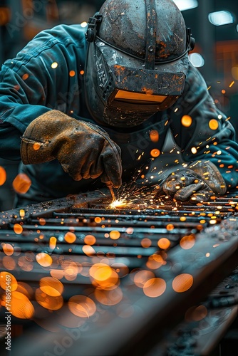 Welder in protective gear with sparks flying during metalwork.
